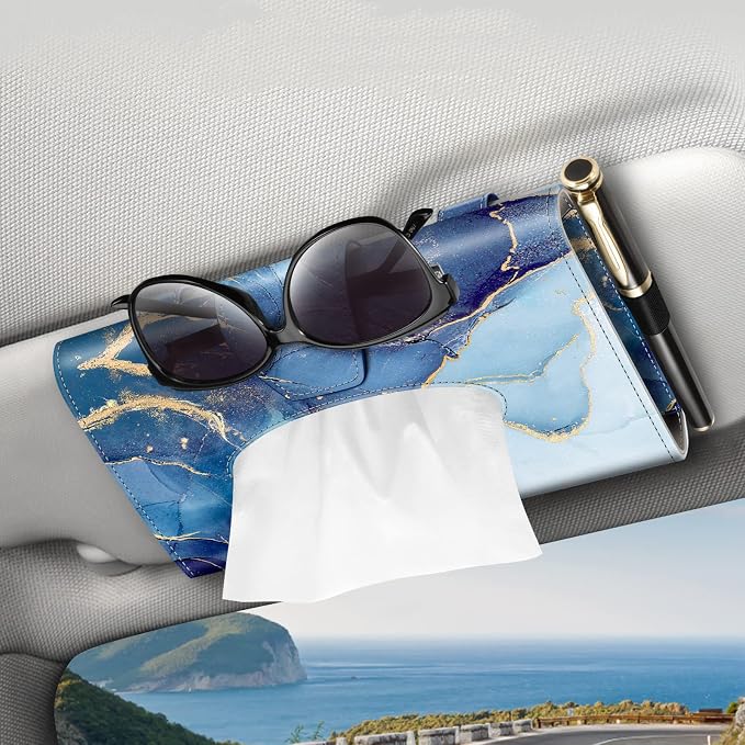 CaseBot Car Visor Tissue Holder, Sun Visor Napkin Holder, Mask Holder, PU Leather Backseat Tissue Box for Truck SUV, Ocean Marble by CaseBot