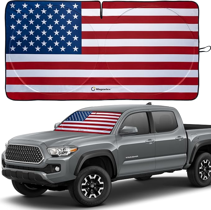 Magnelex American Flag Windshield Sun Shade, High-Resolution Car Sun Shield with Mirror Cut-Out for Automotive Interior Sun Protection Heat Reduction, Folding Car Sunshade - Small by Magnelex