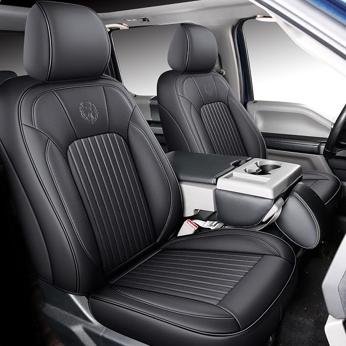 MINGBRON Front Car Seat Covers Custom Fit 2009-2026 Ford F150, 2017-2026 F250 F350 F450 Super Duty Crew Cab Regular Cab Super Cab, Automotive Vehicle Cushion with Waterproof Leather (Black) by MINGBRONCARSEATCOVER