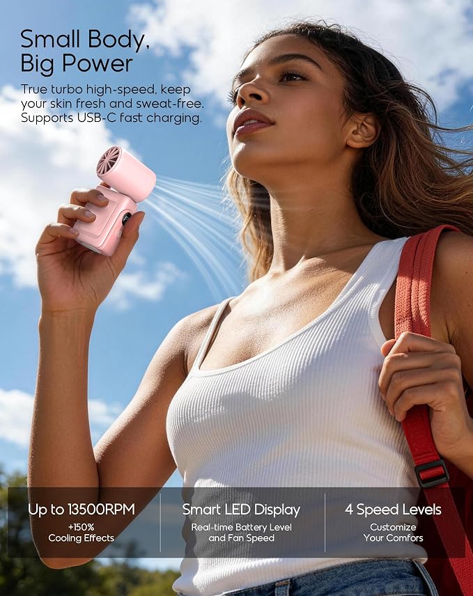 Portable Clip-On Mini Fan, Personal Handheld Fan for Stroller w/ LED Screen | Hands-Free, 360°Rotatable Clip, Turbo 13500RPM,4 Wind,USB Rechargeable, Travel Lash Beach Concert Ideal, Gifts for Women Girl - Image 5