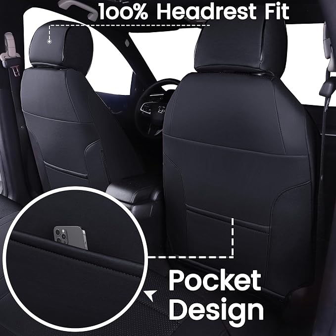 HKZ Custom Fit Civic Seat Covers for Honda Civic Sedan 2016 2017 2018 2019 2020 2021 LX (Not for LX-P)- 5-Seats Leather Full Set,Black - Image 7