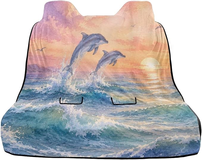 Dolphin Sea Wave Sunset Print Waterproof Rear Split Bench Seat Covers for Rear Seat Cover Only, Sports Car Seat Covers, Spill Resistant Back Seat Cover for Gym Running Swimming - Image 2
