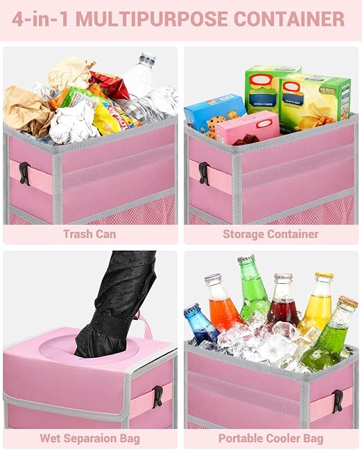 Capolo Car Trash Can with Lid, Leakproof Car Garbage Can Car Trash Bag | Waterproof, Trash Can for Car, 3 Mesh Pockets, Mini Hanging Vehicle Car Trash Bin, for Back/Front Seat (Pink,2.5 Gal) - Image 5