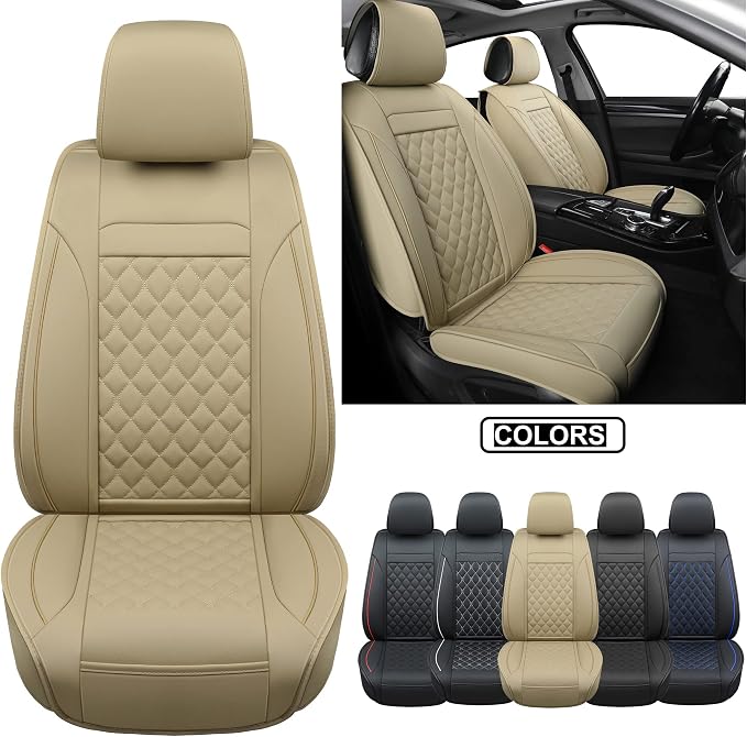 Car Seat Covers Front Pair,Universal Fit for Most Cars,SUV,Sedans and Pick-up Trucks,Automotive Faux Leather Vehicle Cushion Covers(Front Pair,Beige) - Image 2