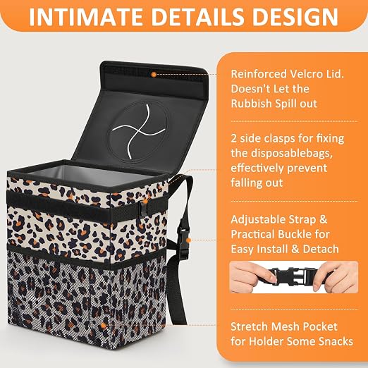 Vankor Car Trash Can with Lid Leak Proof Car Accessories for Women | 3 Gallon Cute Hanging Car Trash Bin for Men Car Truck Vehicle Sedan Interior Automotive Garbage Cans, Black Quilted - Image 4