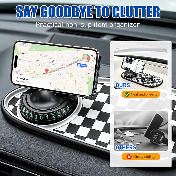 Multifunctional Car Anti-Slip Mat, Rotatable Car Anti Slip Mat Phone Holder | Universal Dashboard Pad with Temporary Parking Number, Dashboard Accessories for Sunglass Chapstick (Black White) - Image 4