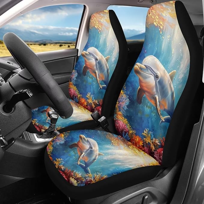 Dolphin Animal Car Seat Covers Two Front Only for Car, Automotive Interior Covers Front Seat Protectors, Car Accessories Universal Fit Seat Covers for Car, Truck, SUV - Image 2