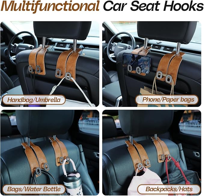 Car Headrest Hooks Universal Car Purse Hook Premium Leather and Alloy Twin Hook Car Seat Back Storage Hanger Hook for Purse Bags Cloth Drink Durable Holder Car Accessories (BH09-Brown-Black) - Image 4