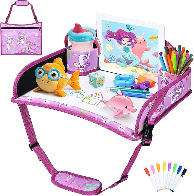 Toddler Car Seat Travel Tray FOR Road Trip Activities, 1PCS Mermaid | With 16.7" x 13.4" Smooth Dry Erase Board, Cup holders, Ddjustable Strap & Shoulder Carry Strap by AZAMIA