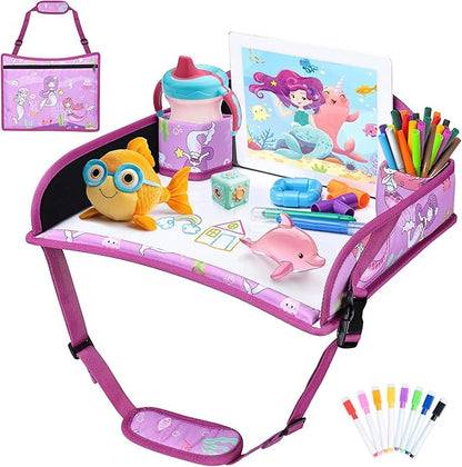 Toddler Car Seat Travel Tray FOR Road Trip Activities, 1PCS Mermaid | With 16.7" x 13.4" Smooth Dry Erase Board, Cup holders, Ddjustable Strap & Shoulder Carry Strap by AZAMIA