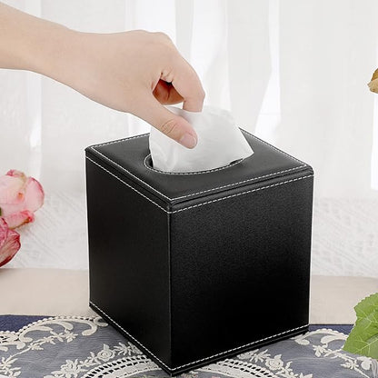 Sumnacon Square Tissue Box Cover,Magnetic Bottom PU Tissue Box Holder,Black | Elegant Cube Leather Tissue Box Covers,Decorative Tissue Box for Vanity Dresser Night Stand Table Countertop Office Car - Image 2