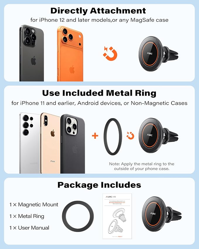 A2C for MagSafe Car Mount, 2 Pack Magnetic Phone Holder for Car Vent | 17 N54 Magnets, One-Piece No Assembly, Silicone-Coated Metal Clips, 360°Adjustable Car Phone Holder Vent for Magsafe iPhone - Image 7