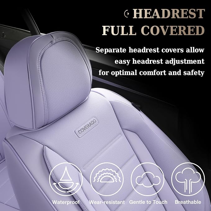 Coverado Car Seat Covers Full Set, Nappa Leather Seat Covers for Cars, Car Seat Protector Car Seat Cushion, Front and Back Seat Protectors Cushions Universal Fit for Most Cars Vehicles(Purple) - Image 6