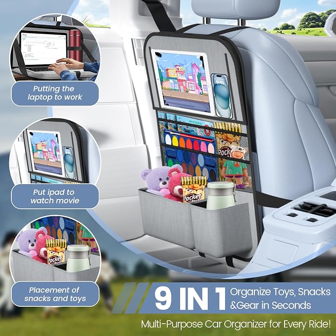 2PACK-Car Backseat Organizer with Touch Screen Tablet Holder,9 Storage Pockets Storage Organizer with Foldable Food Tray, Protector Kick Mats for Kids, Travel Accessories Organizer (Grey) - Image 4
