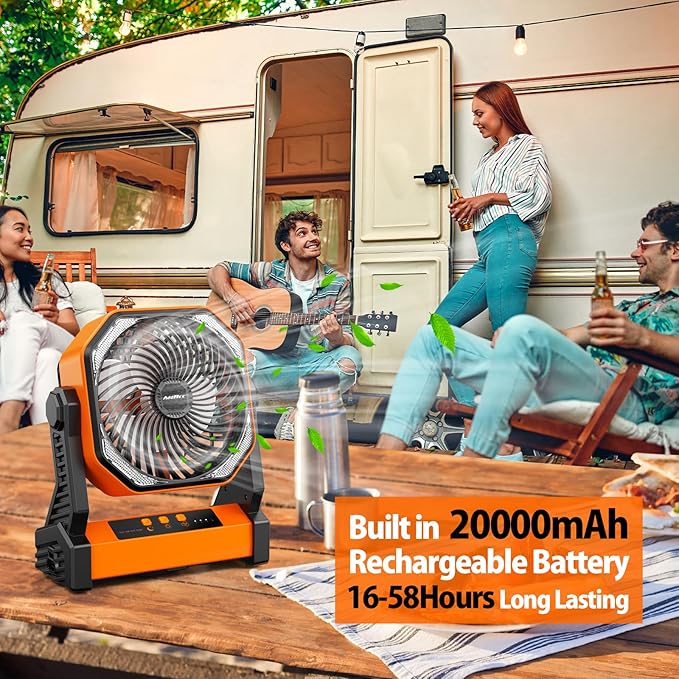 20000mAh Battery Powered Camping Fan, 58Hrs Rechargeable Portable Fan, 400LM Light, 360° Hook, Whisper Quiet Battery Operated Fan for Outdoor Car Travel Gear Essentials Power Outages Co-brand AMACOOL - Image 2