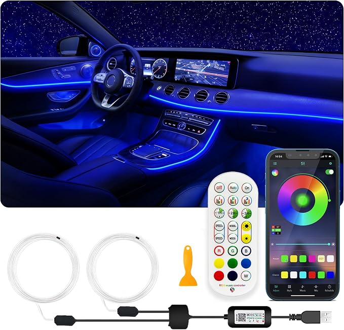 USB Car LED Lights, Interior Car Lights Strip with APP and RF Remote Control, 2 in 1 Ambient Lighting with 157 inches Fiber Optic Music Sync Simple Installation EL Wire Lights (2 in 1/157 inches) by SAMGCHI