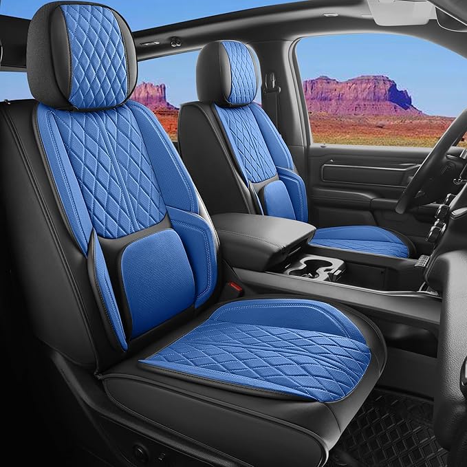 Car Seat Cover Custom Fit for Dodge Ram 1500 2500 3500 2002-2026 Faux Leather Seat Cover Set Compatible with Crew Quad Regular Cab Pickup Truck Cushions (Black & Blue, Full Set, Curved Rear) by DuDuWang