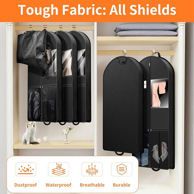 Suit Garment Clothes Travel Bag: 63 inch Lightweight Foldable Black Short Fabric Breathable - Hanging Storage Cover Pockets Zipper for Women - Wardrobe Carry Coat Jacket Uniform Tuxedo Shirt - Image 6
