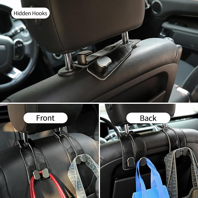 KINIVA Car Seat Headrest Storage Hooks, Set of 2, Suede PU Leather, Double Hooks (06-Black 4 Pack) - Image 6