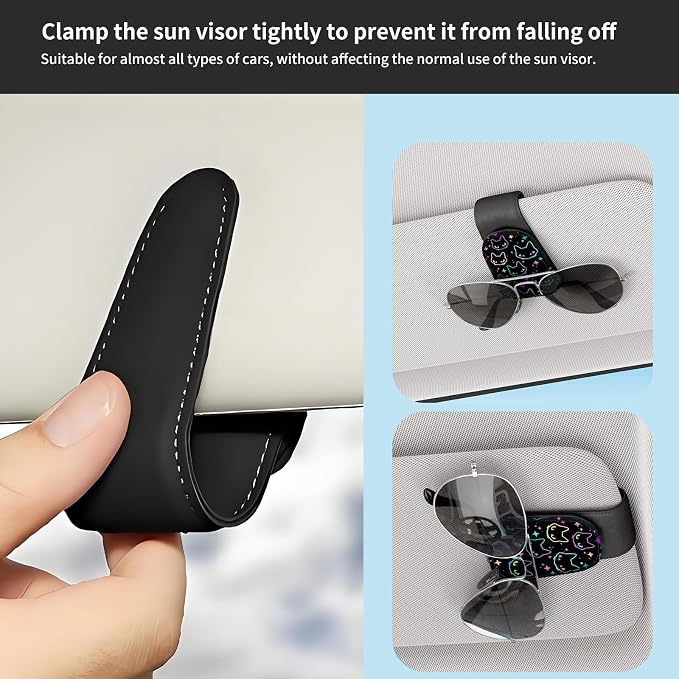 Sunglasses Holder for Car Visor, PU Leather Glasses Clip Organizer, Cute Magnetic Eyeglass Holder for Vehicle Sun Visor, Car Interior Accessory for Women & Men Neon Outline Cat - Image 5