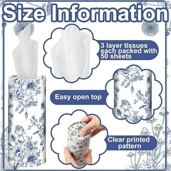 Zonon 16 Pcs Vintage Floral Round Tissues Box Car Holder with Facial Tissue Bulk Blue Flower Travel Tubes for Car with 50 Sheets Christmas Cylinder Face Towel Fit for Cup Holder Round Container - Image 5