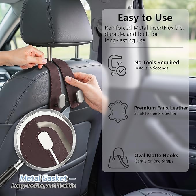 Car Seat Headrest Hooks for Purses & Shopping Bags, 2 Pack Suede Car Purse Hook, Double Hooks Secure Bags While Driving, Elegant & Durable, Simple to Install, Fits Handbags, Grocery Bags, Bottles. - Image 5