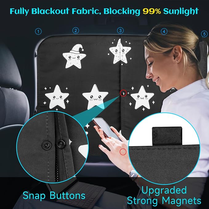 Car Window Shades, 2 Packs Magnetic Car Sun Shades for Baby, 2 Layers for Blackout/See Through Options Stars Pattern Side Window Curtain for Kids Heat/UV Blocker - Image 2