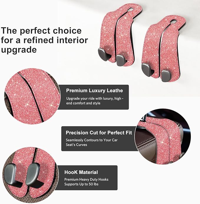 CoBak Purse Hook for Car - Universal Premium Stitched Leather and Aluminum-Magnesium Alloy Double Car Seat Back Storage Hook for Purses, Handbags, Bags (2 Pack),Fuchsia Glitter - Image 2