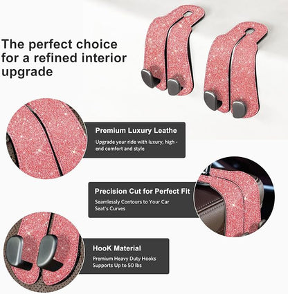 CoBak Purse Hook for Car - Universal Premium Stitched Leather and Aluminum-Magnesium Alloy Double Car Seat Back Storage Hook for Purses, Handbags, Bags (2 Pack),Fuchsia Glitter - Image 2