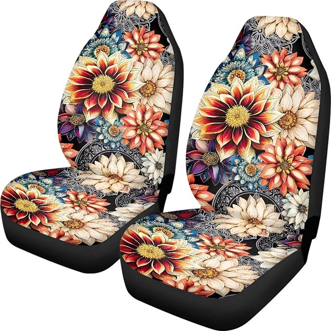 Dahlia Flowers Blossom Car Seat Covers for Front Seats Ethnic Style Bucket Seat Covers Universal Fit for SUV Truck Sedan Front Seat Protector,2 Piece Set - Image 3