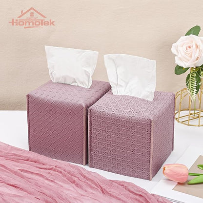 HOMOTEK 2 Pack Tissue Box Cover, Square PU Leather Tissue Holder, Decorative Facial Tissue Cube Paper Organizer Dispenser for Bathroom, Night Stands, Desk, Car 5X5X5'' - Woven Waffle,Plum Red - Image 6