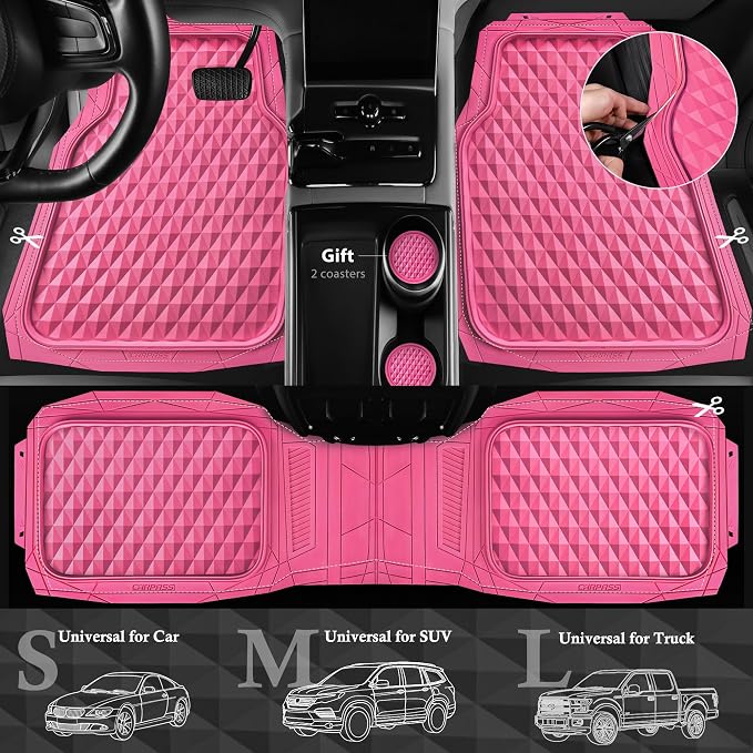 CAR PASS Heavy Duty Rubber Hot Pink Car Floor Mats & Cargo Liners, Deep Dish All-Weather Trunk Mats Durable Anti-Slip 3D Rhombus Waterproof Trim to Fit Liner Universal Fit Auto,Sedan,SUV,Truck, Pink - Image 3