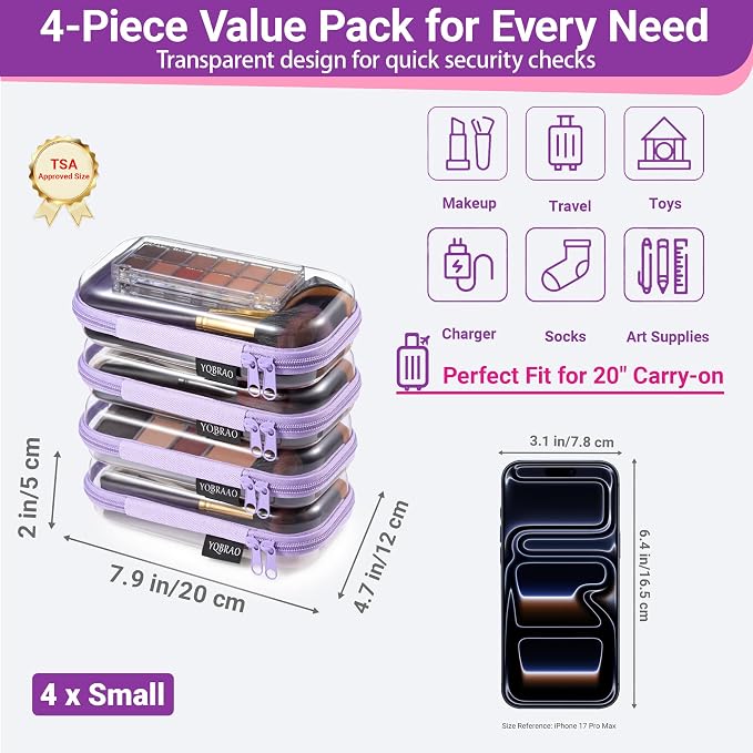 YQBRAO Clear Hard Shell Zipper Cases, 4 Small Cable Organizers, Purple | Rigid 1.2 mm PET and YKK dual zippers for cosmetics, charging cords, pens and travel accessories - Image 4