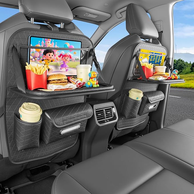2PC Backseat Car Organizer with Foldable Food Tray &Tablet Holder | Cup Holder Universal Back Seat Storage Pockets Tissue Holder with Touch Screen Phone Holder, Kick Mats for Kids, Black by Dapucarin