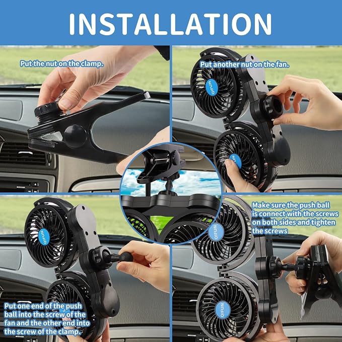 QIFUN Car Fan Adjustable Dual Head 12V 360° Rotatable 4 Inches Car Clip Fan for Front/Rear Seat Passenger Car Essentials Cooler with Stepless Speed Regulation for Vehicle SUV, RV - Image 5