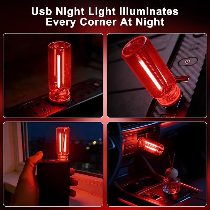 Car USB Night Light Touch Dimmable - 1-Pack Retro LED Filament Lamp for Truck Interior, Bedroom & Camping | Glass Bottle Ambiance Lighting (Red) - Image 3
