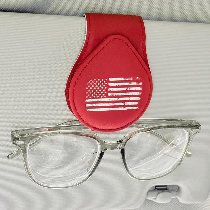 American Flag - Car Sunglass Holder, Magnetic Leather Eyeglass Hanger Mount Clip Holder for Car Visor Accessories (Wine Red) | Magnetic Leather - Image 6