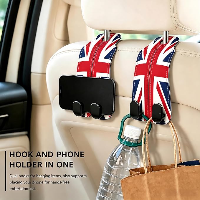 Car Seat Back Headrest Hooks - 2 Pack, Union Jack Pattern Purse Hook for Car, Metal Leather Multifunctional Auto Hanger Organizer for Bags Water Bottles Phones - Image 5