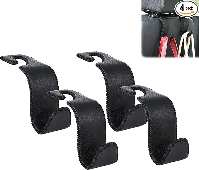 Car Seat Headrest Hook 55lb Heavy Duty Metal Hanger with Leather for Bags | Universal Fit car SUV Truck, Premium Microfiber Leather, Metal Core, Hang Purses Groceries Handbag Backpack, 4 Pack Black by Amooca