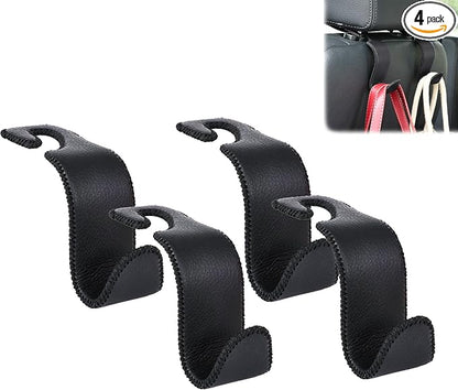 Car Seat Headrest Hook 55lb Heavy Duty Metal Hanger with Leather for Bags | Universal Fit car SUV Truck, Premium Microfiber Leather, Metal Core, Hang Purses Groceries Handbag Backpack, 4 Pack Black by Amooca