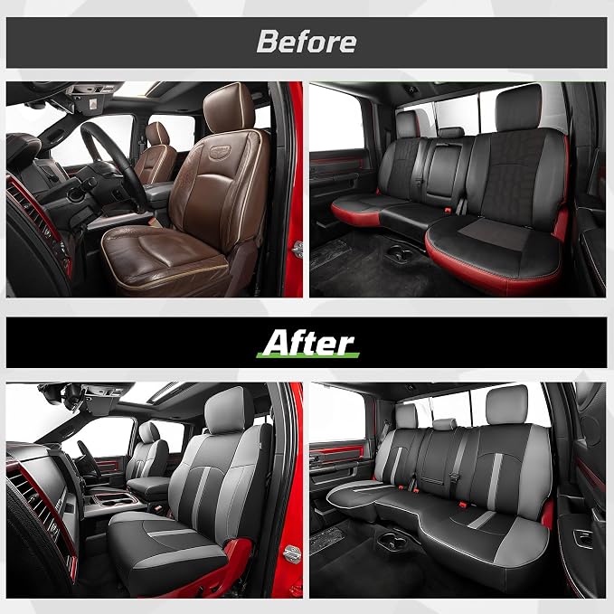 Car Seat Covers Custom Fit for Dodge 2009-2018 Ram 1500 Crew Cab,Black/Grey | Custom Fit Faux Leather Full Set,Waterproof & Wear-Resistant,Fits for 4th Gen Ram 1500 Rebel/Sport/Laramie/Longhorn/Limited - Image 7