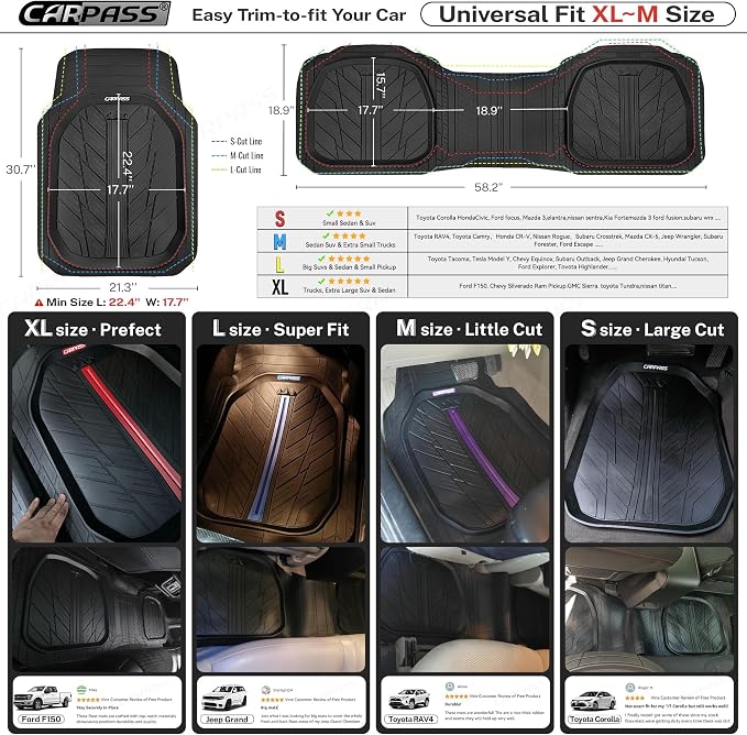 CAR PASS 3 Row Heavy Duty Rubber Car Mats, Deep-Dish All-Weather Floor Mats for 7 Seats 8 Seater 2nd & 3rd, Waterproof Universal Trim to Fit Liner Van,SUV,MPV,7 Passengers Vehicle,(Black 3 Row) - Image 7