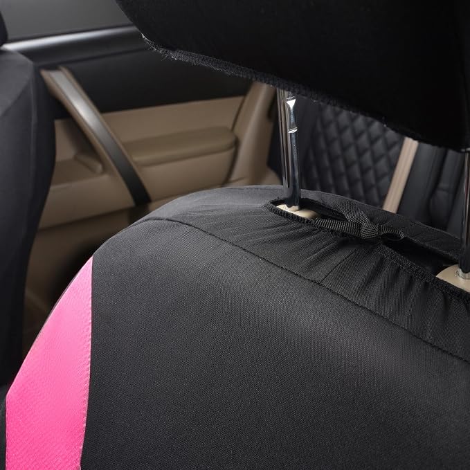 Flying Banner Car Seat Covers Full Set Front Seats and Rear Bench Mesh Fabric Splicing Polyester Cover Black with Pink Color - Image 7