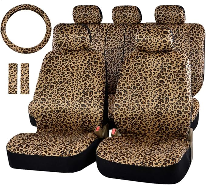 AUTOFAN Leopard Car Seat Covers Full Set with Steering Wheel Cover 2 Seat Belt Pads, Cheetah Print Seat Covers for Cars for Women,Airbag Compatible,Universal Fits for Cars,SUV,Truck by AUTOFAN