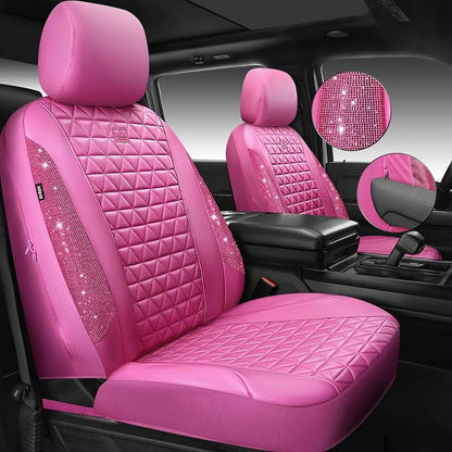 CAR PASS Hot Pink Bling Diamond Leather Car Seat Covers Full Sets, Waterproof Shining Glitter Sparkly Crystal Universal Armrest Fit for Automotive Truck SUV Cute Women Girl,Hot Pink Rhinestone - Image 2