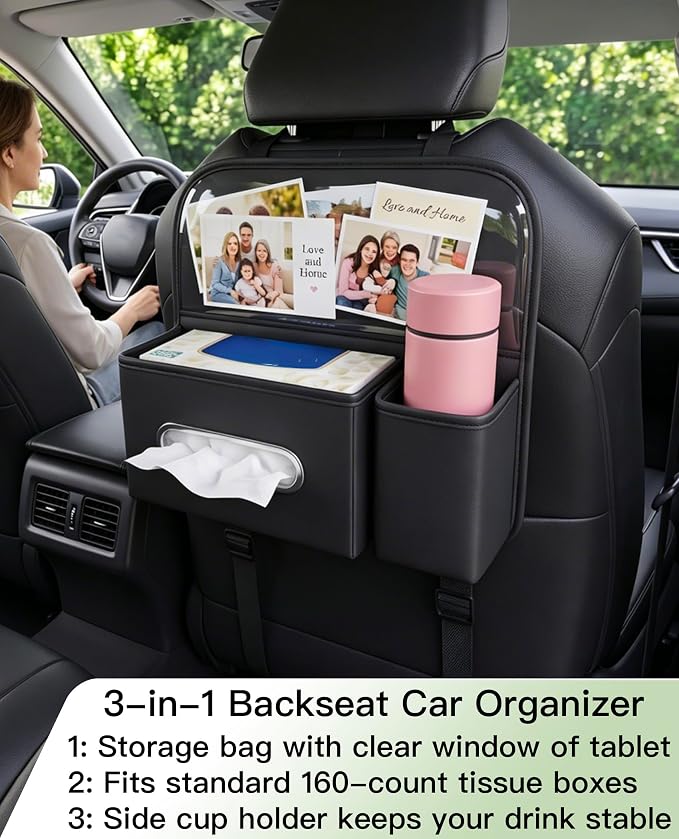 4 in 1 PU leather Backseat Car Organizer with Car Tissue Cup Tablet Holder | Fits180 standard tissue,oversized 4" cup pocket,touch-through tablet window, adjustable straps ,tool-free install - Image 2