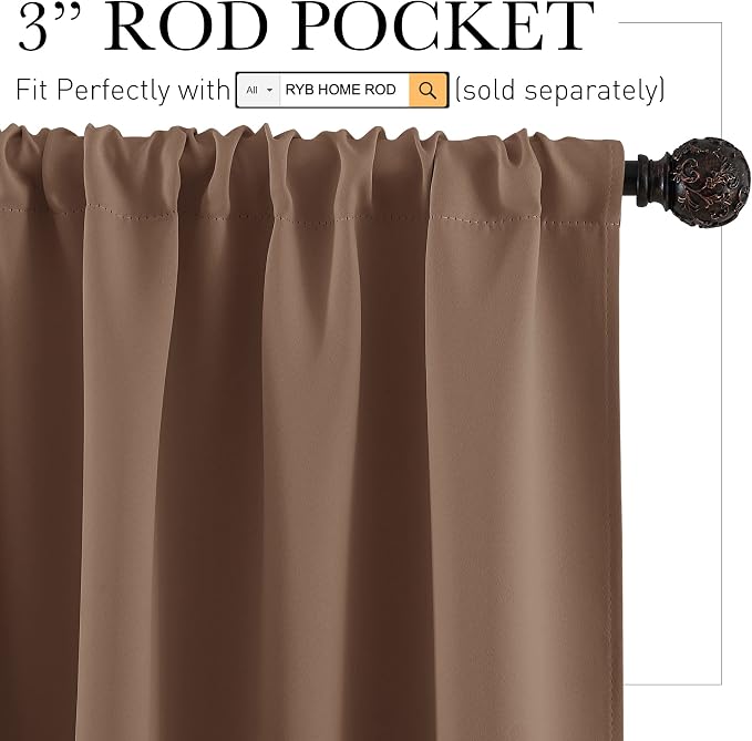 RYB HOME Blackout French Door Window Curtain Coverings, Rod Pocket | Thermal Insulated, Privacy Protection, Non See Through, Drapes for Small Window Bathroom Kitchen, W29 x L45, Mocha, 2 Panels - Image 2