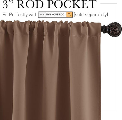 RYB HOME Short Mocha Blackout Curtains for Small Bedroom Window Kitchen | Thermal Insulating, UV Blocking, Privacy Protection, Drapes/Tiers for Basement Garage Bathroom, W42 x L36, 2 Panels - Image 2