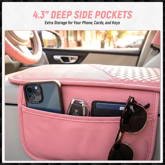 4 Pcs Pink Car Interior Accessories Set - (Pink) | Universal Fit 15 inch Steering Wheel Cover, Console Armrest Pad with Side Storage Pockets, Seat Belt Pads , for woman - Image 3