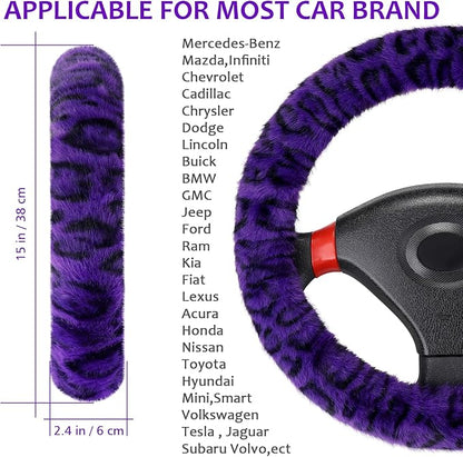 Accmor Fuzzy Car Steering Wheel Cover, Universal Fit Fur Car Wheel Cover & Handbrake Cover & Gear Shift Cover Set, Fluffy Fashion Leopard Print Auto Steering Wheel Protector for Women Girls(Purple) - Image 2